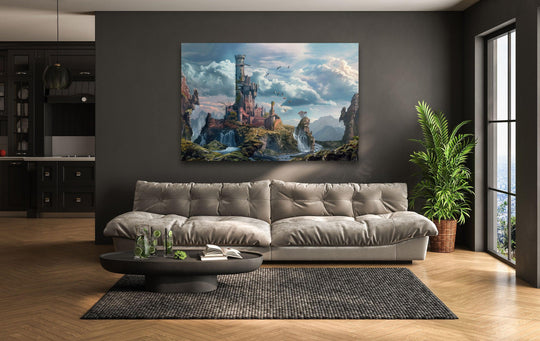 Highlighting the striking color contrast, the Kaer Morhen glass art painting showcases the castle amidst soft skies against the dark wall, drawing the eye.
