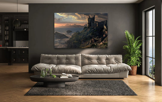 Dominating the dark gray wall, the expansive negative space highlights a mystical fortress on the cliff within this tempered glass wall art, creating a dramatic focal point.