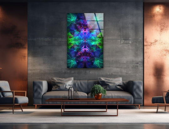 This layered glass wall artwork creates a vibrant, deep kaleidoscopic visual with glowing neon blues and greens.
