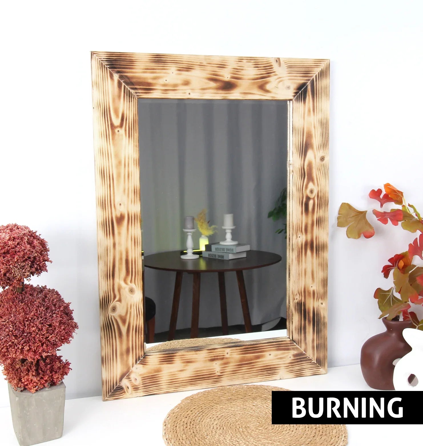 Light brown is the dominant color in this wooden wall mirror, making it a stylish bathroom mirror with rustic flair and a light-enhancing design.