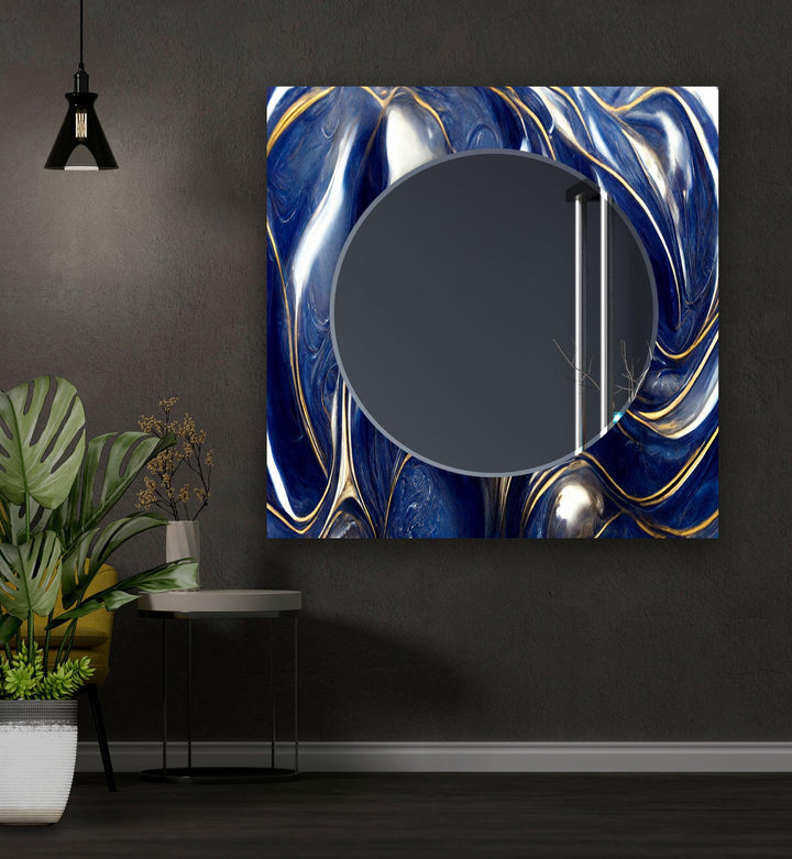 Marble Navy Blue and Gold Wall Mirror Mosaic Mirror 
