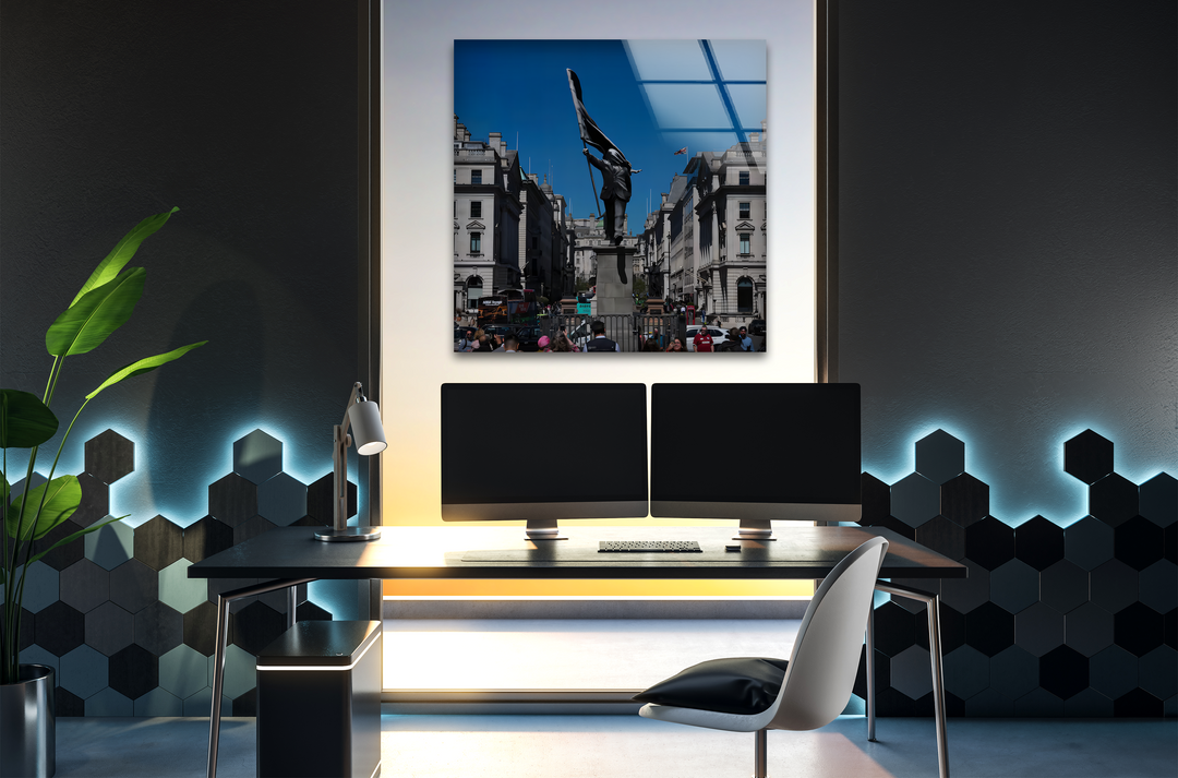 A modern, dark background wall features glowing blue hexagonal panels, establishing a contemporary setting for diverse wall art prints.