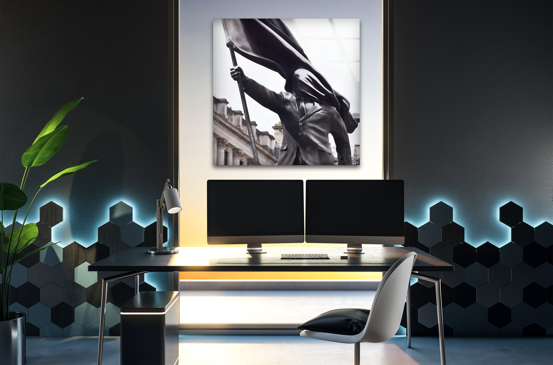 The exceptional material quality of this striking glass wall artwork vividly renders the Banksy Flag Bearer statue with sharp details.