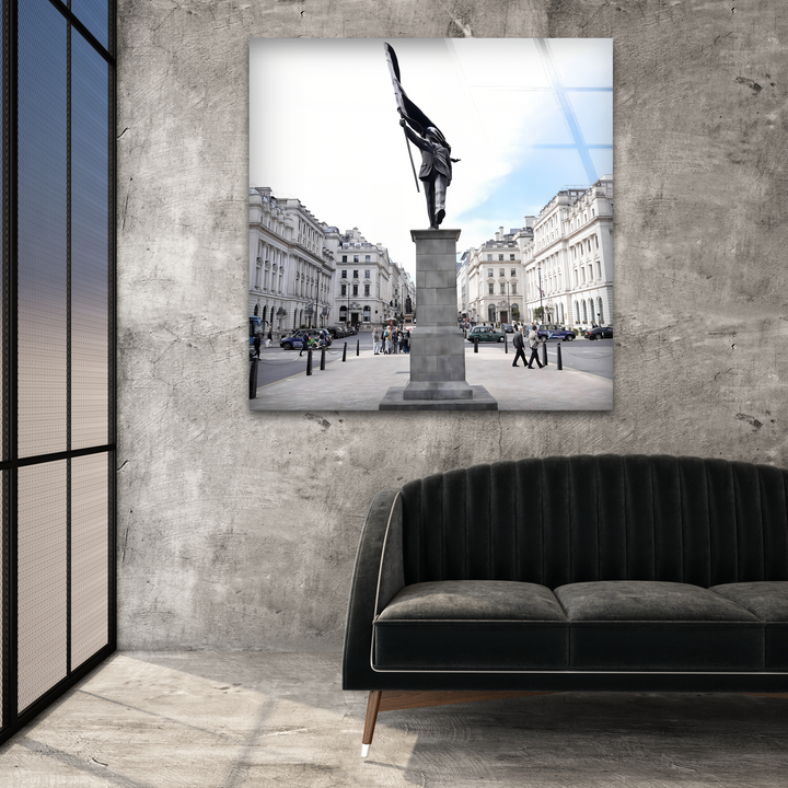 The exceptional material quality of this glass art highlights the sharp details of the Monument of Motion Banksy wall art.