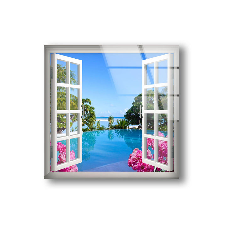 Beautifully framed tropical retreat with a window view of paradise.
