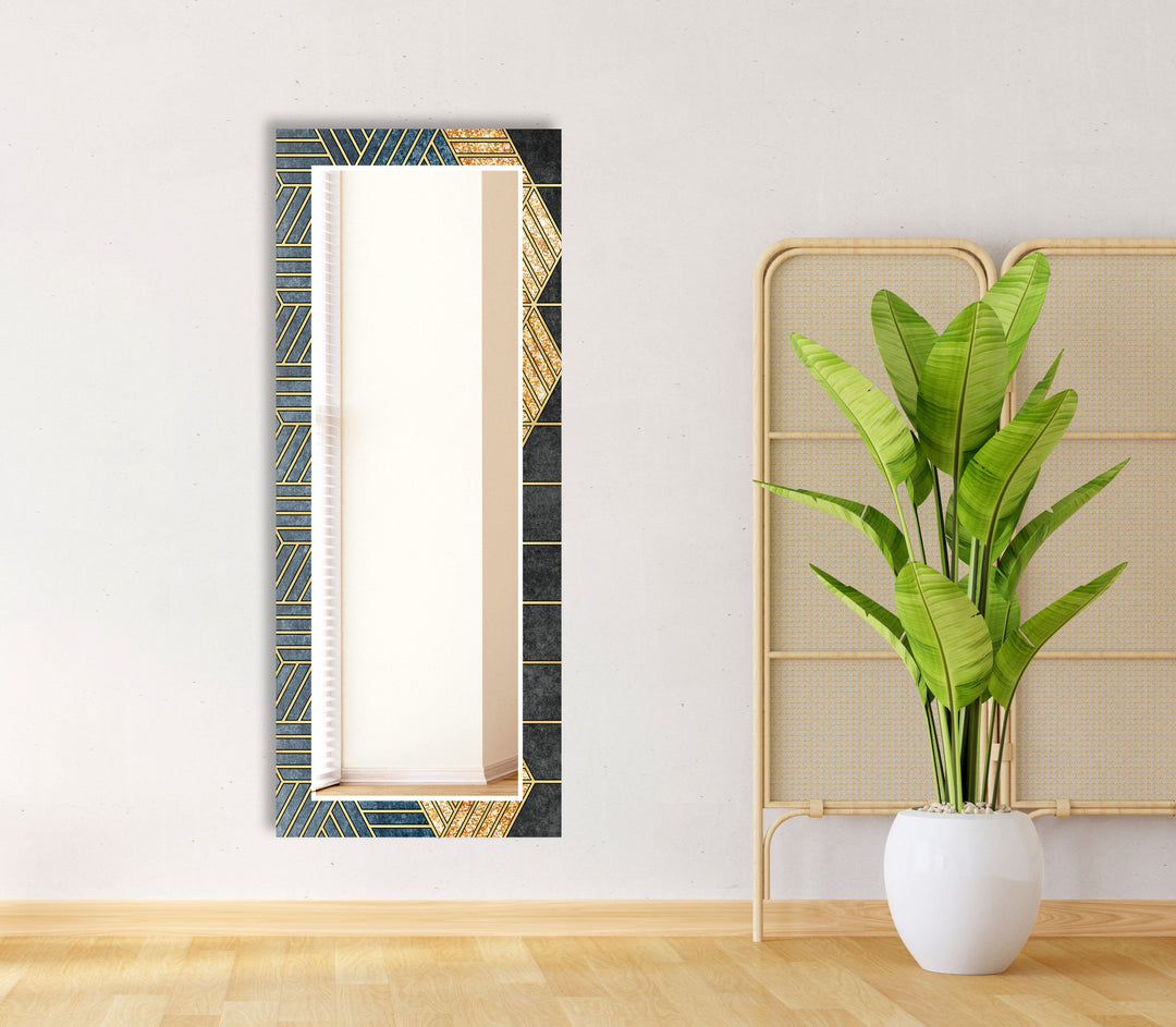 Geometric Gold & Blue Glass Wall Mirror – Modern Luxury Home Accent