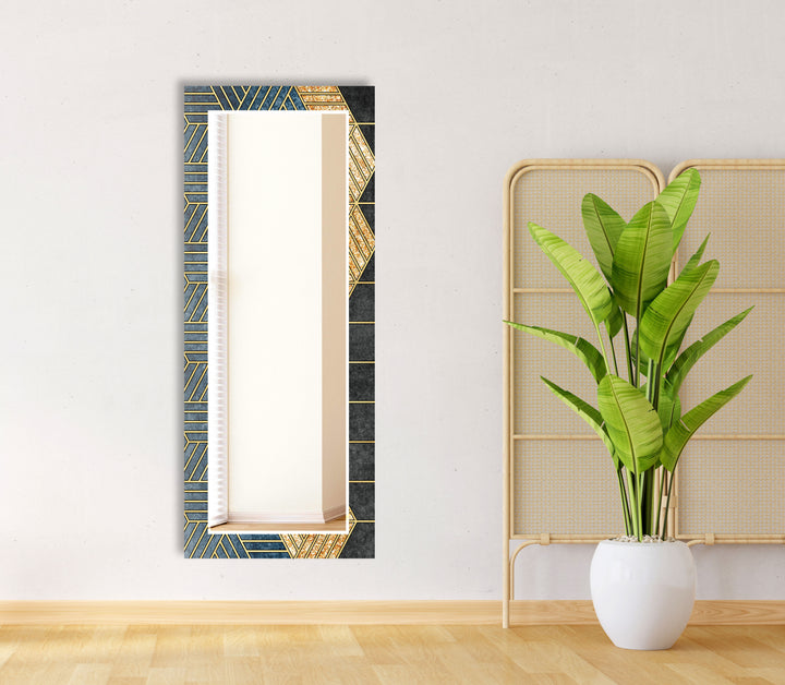 Geometric Gold & Blue Glass Wall Mirror – Modern Luxury Home Accent
