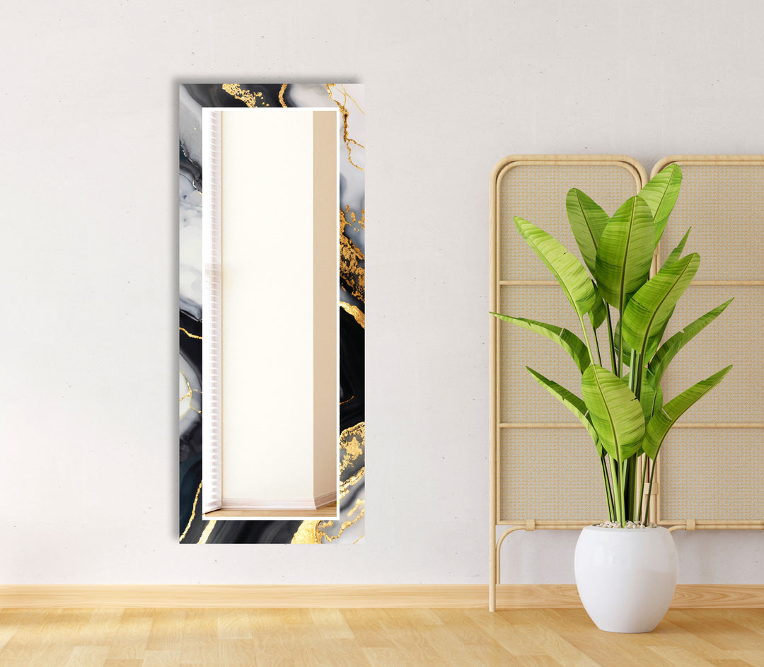 Black & Gold Marble Glass Wall Mirror – Modern Luxury Bathroom Accent