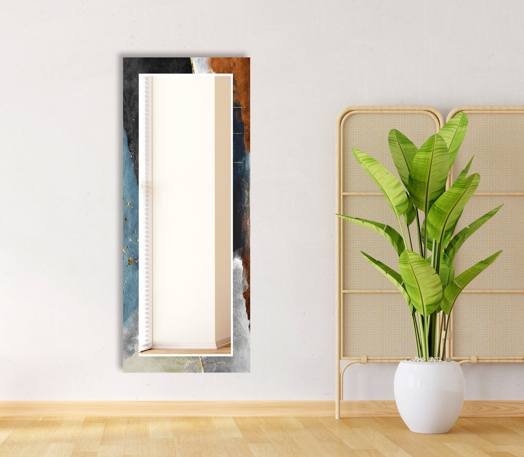 Luxury Textured Glass Wall Mirror – Abstract Blue & Gold Accent