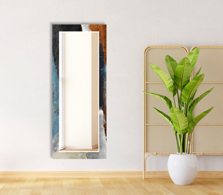 Luxury Textured Glass Wall Mirror – Abstract Blue & Gold Accent