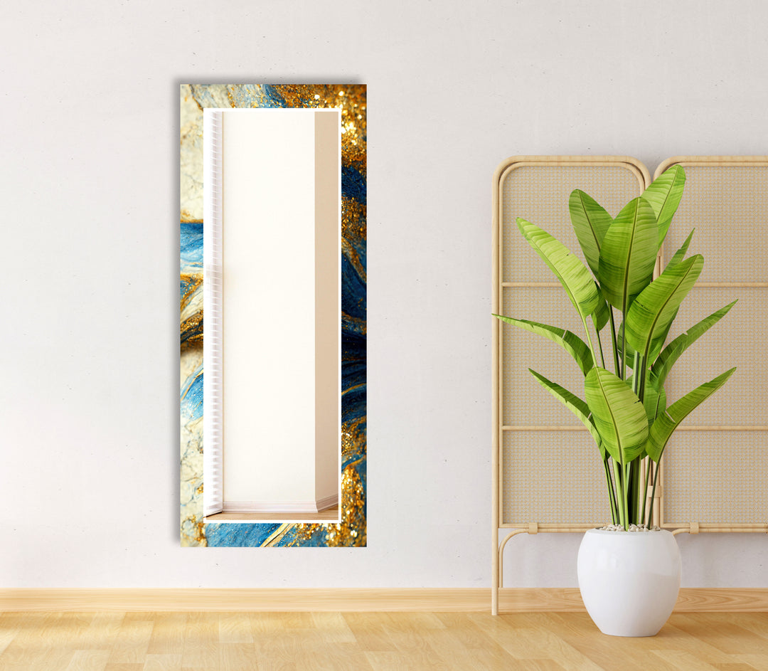 Blue & Gold Marble Glass Wall Mirror – Elegant Abstract Accent Piece