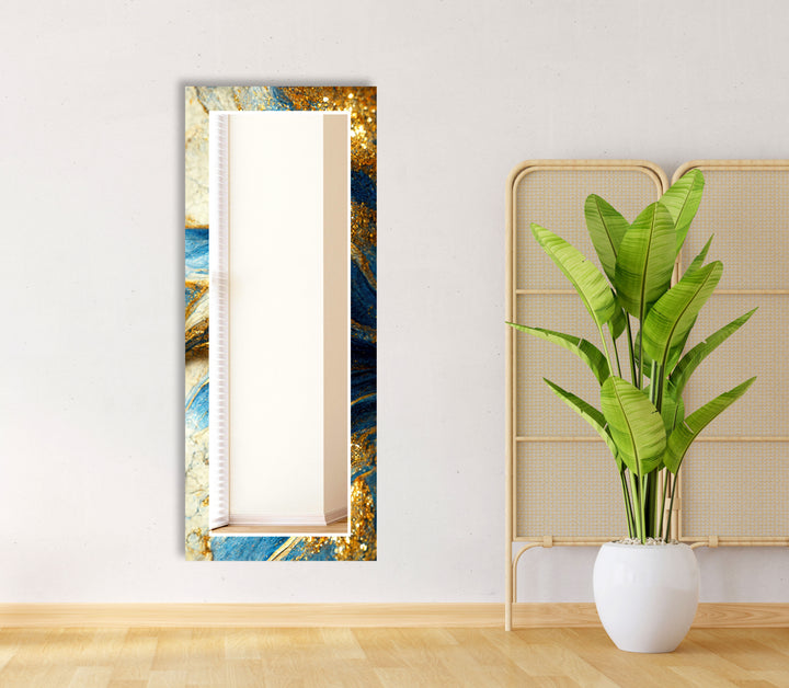 Blue & Gold Marble Glass Wall Mirror – Elegant Abstract Accent Piece