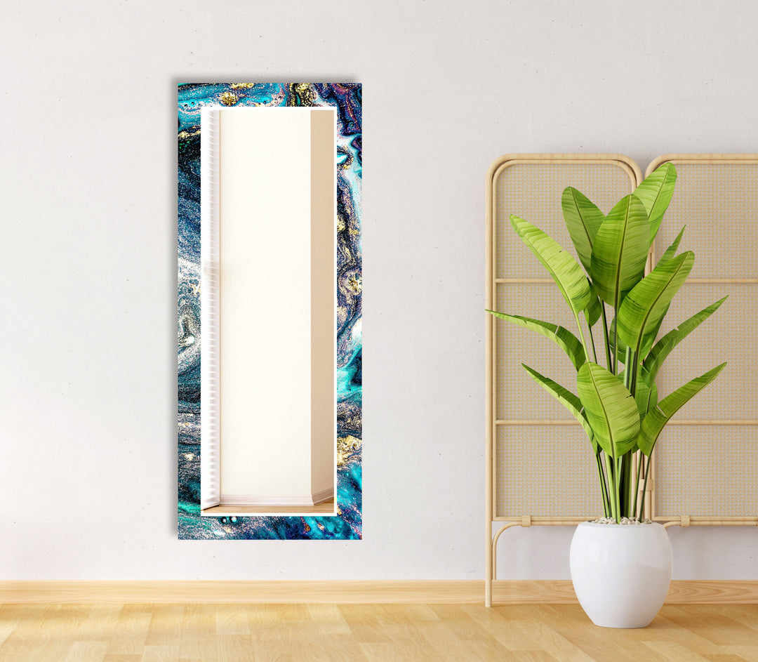 Galaxy Teal & Gold Round Glass Wall Mirror – Cosmic Abstract Accent