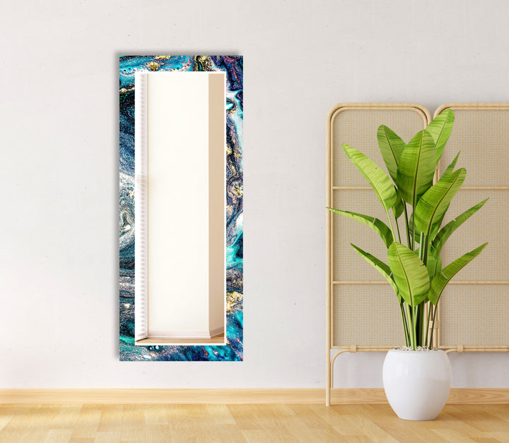 Galaxy Teal & Gold Round Glass Wall Mirror – Cosmic Abstract Accent