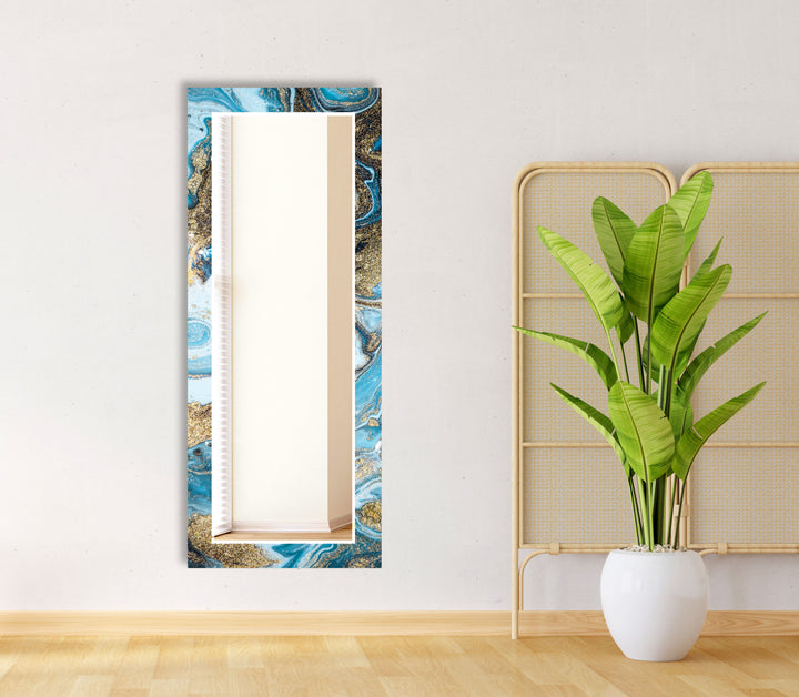 Blue & Gold Marble Glass Wall Mirror – Glam Modern Accent Decor