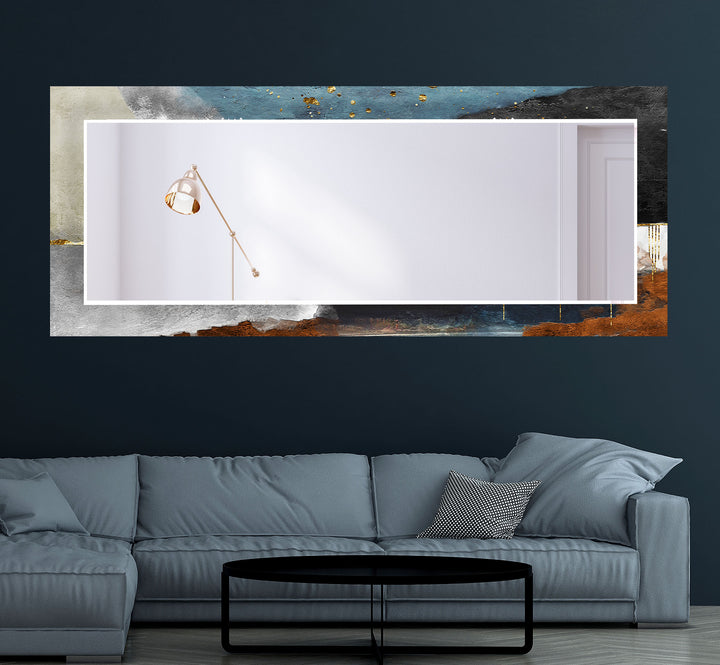 Luxury Textured Glass Wall Mirror – Abstract Blue & Gold Accent