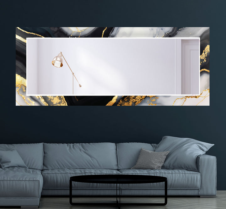Black & Gold Marble Glass Wall Mirror – Modern Luxury Bathroom Accent