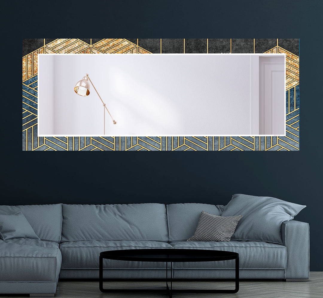 Geometric Gold & Blue Glass Wall Mirror – Modern Luxury Home Accent