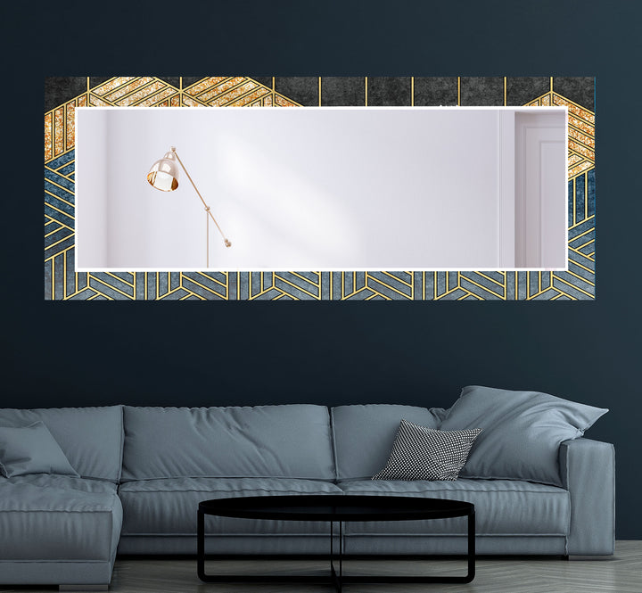 Geometric Gold & Blue Glass Wall Mirror – Modern Luxury Home Accent