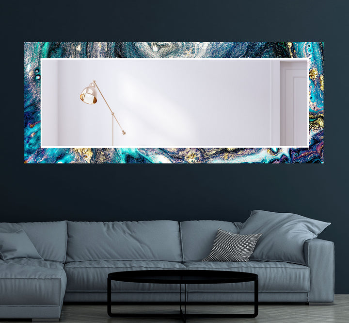 Galaxy Teal & Gold Round Glass Wall Mirror – Cosmic Abstract Accent