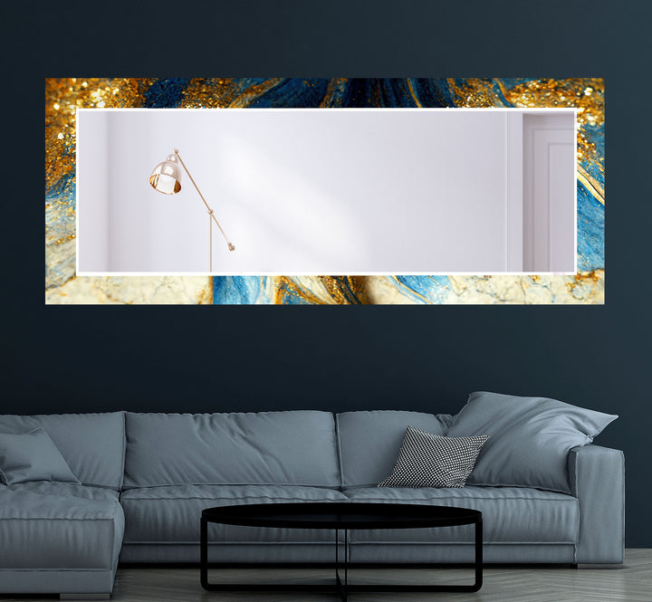 Blue & Gold Marble Glass Wall Mirror – Elegant Abstract Accent Piece