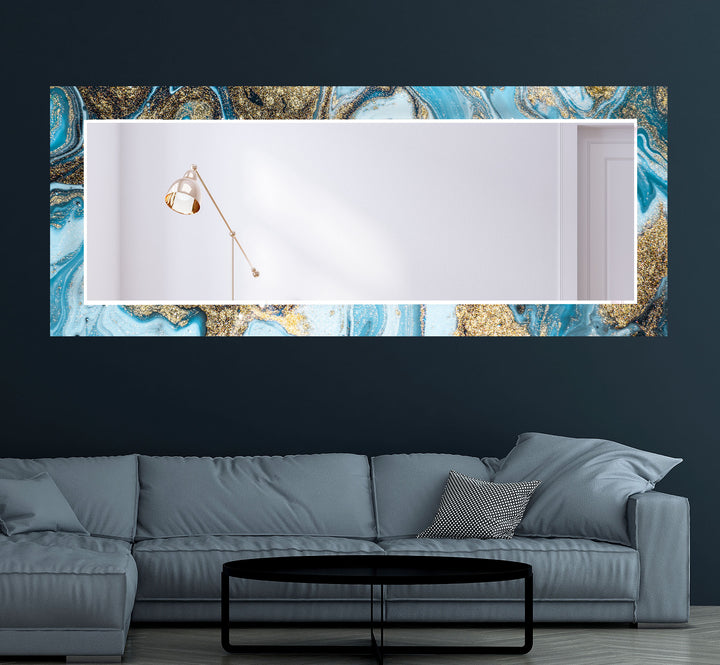 Blue & Gold Marble Glass Wall Mirror – Glam Modern Accent Decor