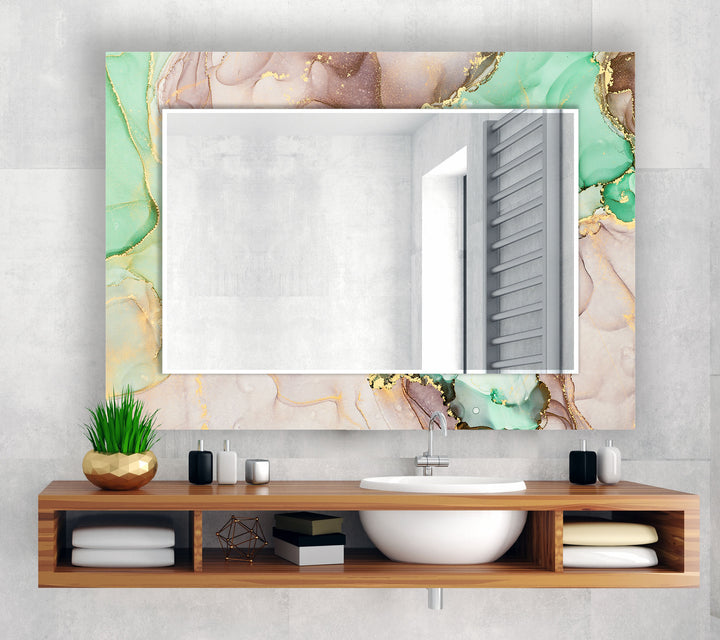 Mint & Gold Marble Glass Wall Mirror – Elegant Pastel Decor Accent