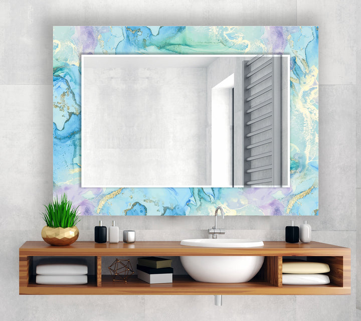 Pastel Blue & Lavender Glass Wall Mirror – Abstract Watercolor Accent