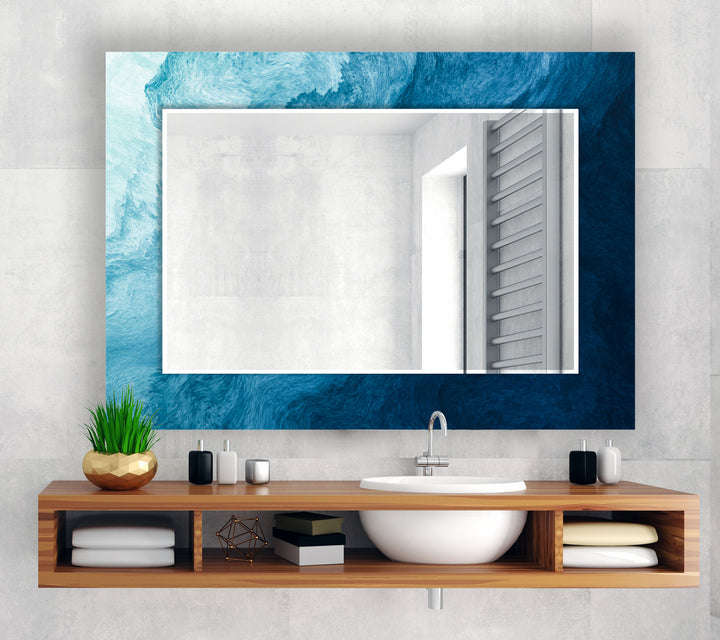 Ocean Blue Wave Glass Wall Mirror – Coastal Abstract Bathroom Decor