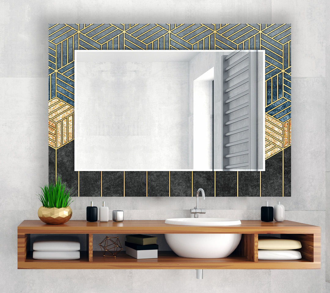 Geometric Gold & Blue Glass Wall Mirror – Modern Luxury Home Accent