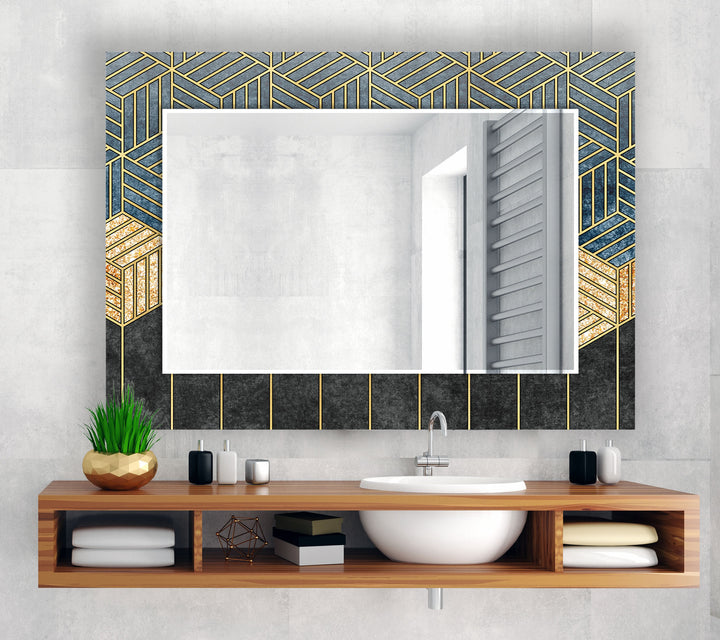 Geometric Gold & Blue Glass Wall Mirror – Modern Luxury Home Accent
