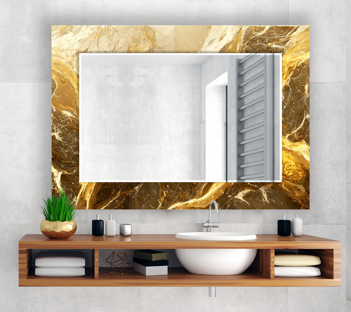 Golden Swirl Marble Glass Wall Mirror – Elegant Luxury Decor Piece
