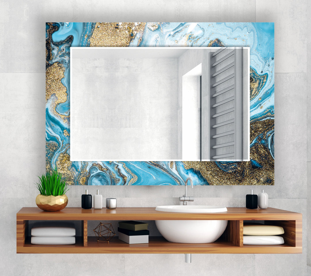 Blue & Gold Marble Glass Wall Mirror – Glam Modern Accent Decor