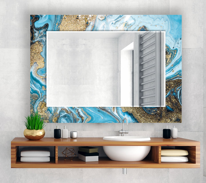 Blue & Gold Marble Glass Wall Mirror – Glam Modern Accent Decor