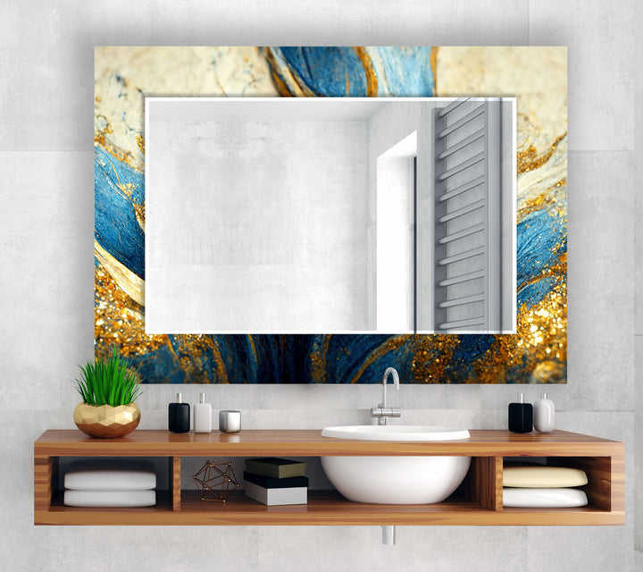 Blue & Gold Marble Glass Wall Mirror – Elegant Abstract Accent Piece