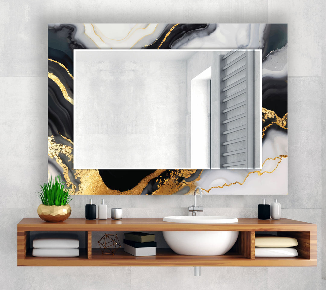 Black & Gold Marble Glass Wall Mirror – Modern Luxury Bathroom Accent