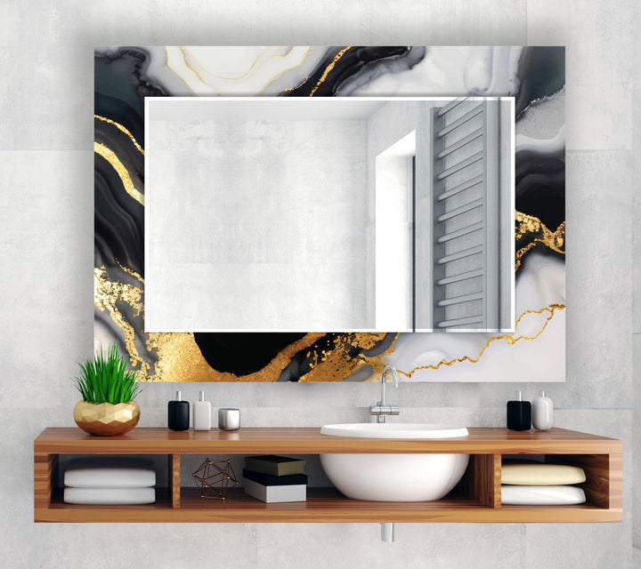Black & Gold Marble Glass Wall Mirror – Modern Luxury Bathroom Accent