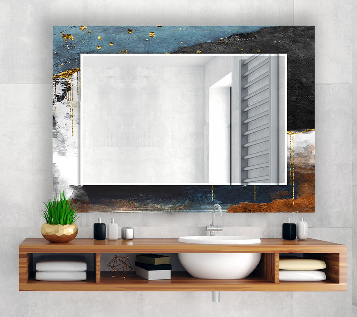 Luxury Textured Glass Wall Mirror – Abstract Blue & Gold Accent