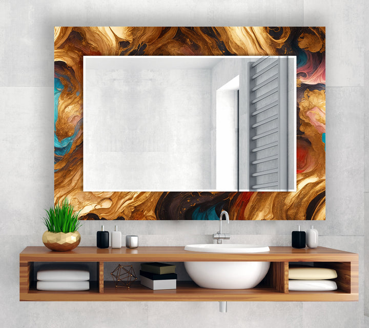 Rust & Teal Marble Glass Wall Mirror – Artistic Round Accent for Modern Interiors