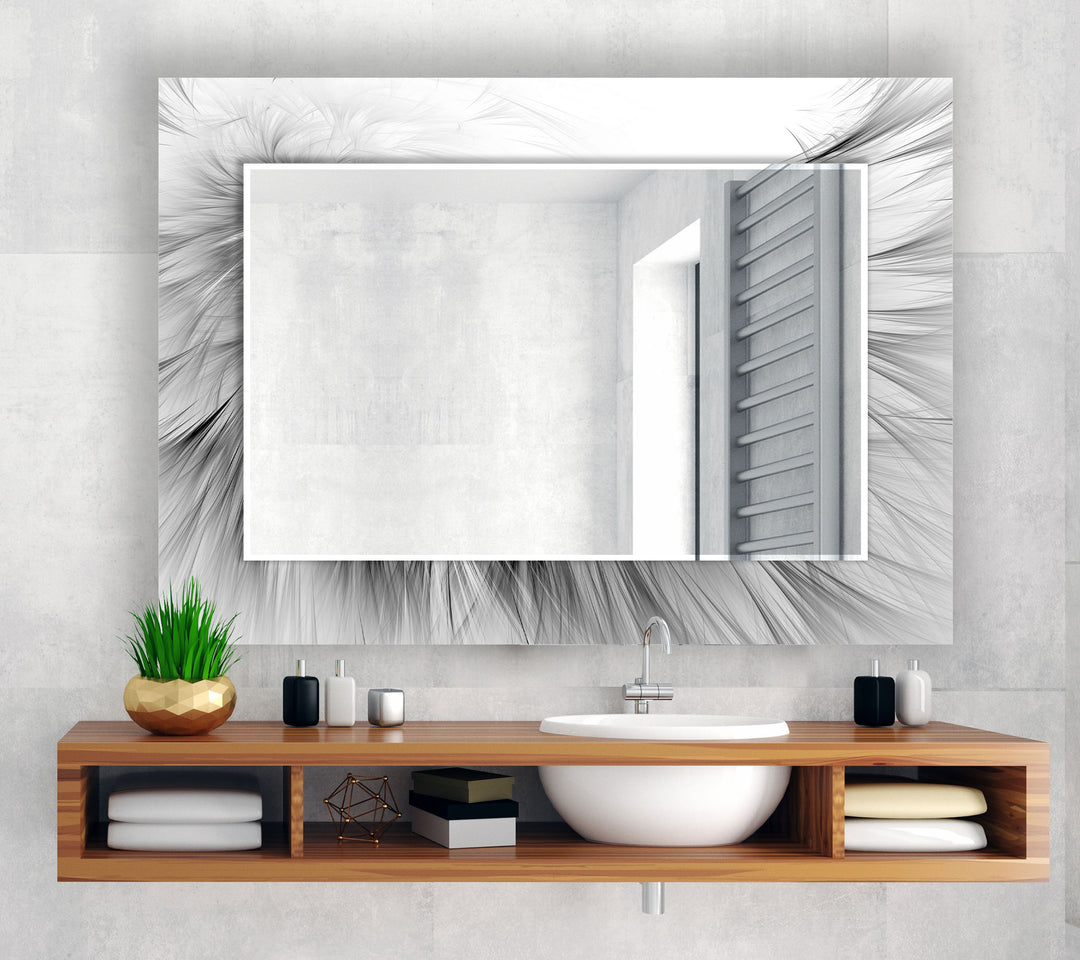 Feathered Flow Glass Wall Mirror – Modern Black and White Accent