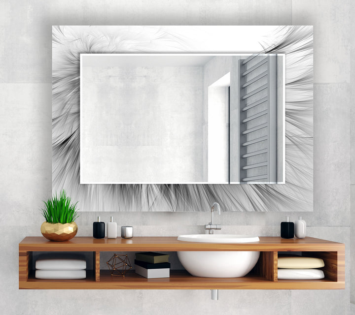 Feathered Flow Glass Wall Mirror – Modern Black and White Accent