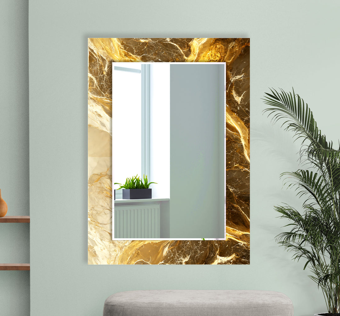Golden Swirl Marble Glass Wall Mirror – Elegant Luxury Decor Piece