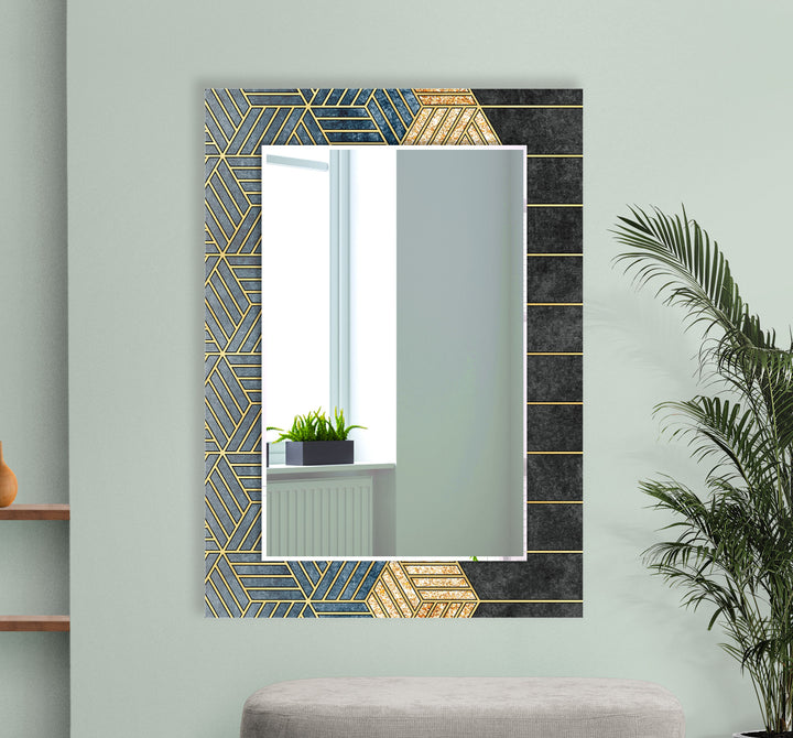 Geometric Gold & Blue Glass Wall Mirror – Modern Luxury Home Accent