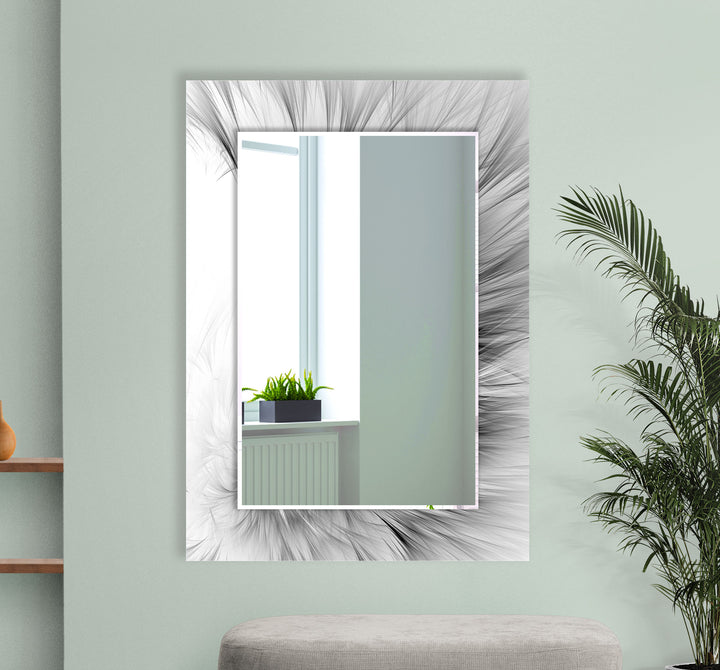 Feathered Flow Glass Wall Mirror – Modern Black and White Accent