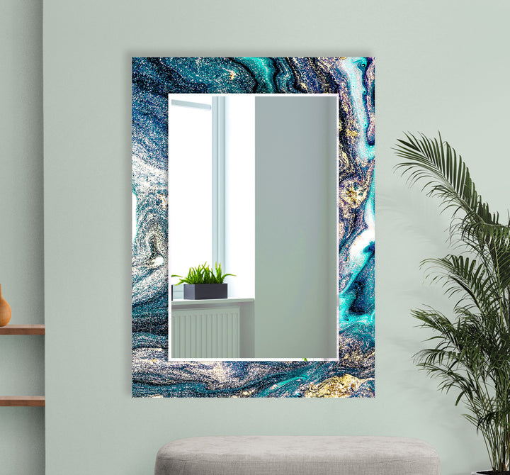 Galaxy Teal & Gold Round Glass Wall Mirror – Cosmic Abstract Accent