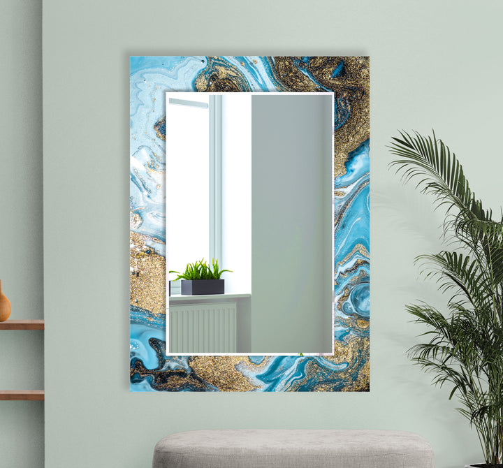 Blue & Gold Marble Glass Wall Mirror – Glam Modern Accent Decor