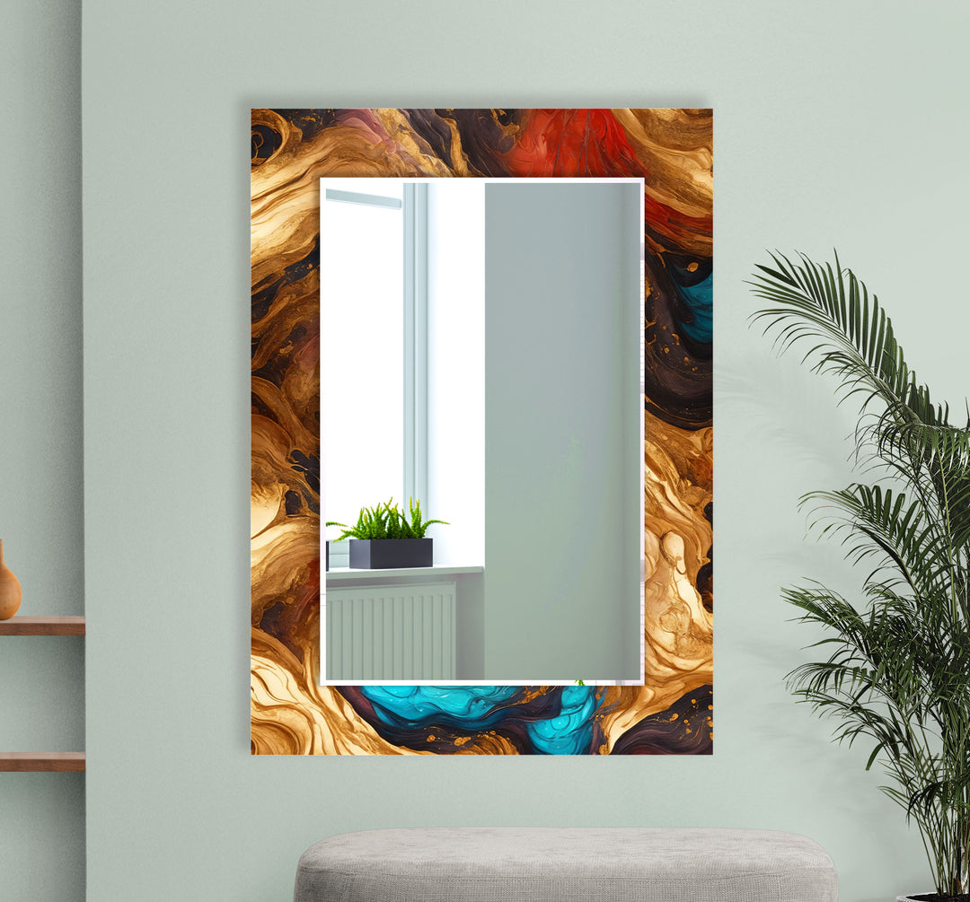 Rust & Teal Marble Glass Wall Mirror – Artistic Round Accent for Modern Interiors