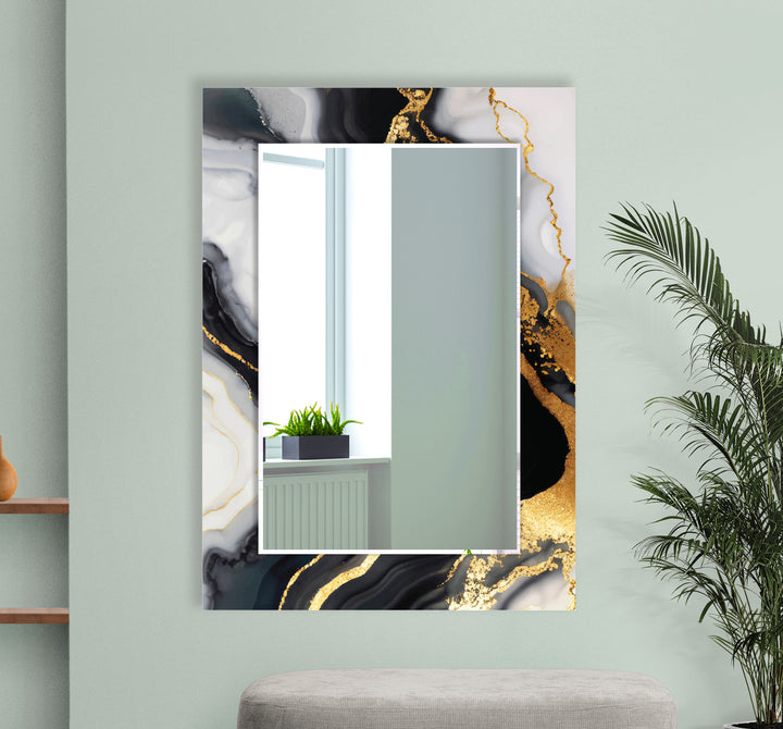 Black & Gold Marble Glass Wall Mirror – Modern Luxury Bathroom Accent