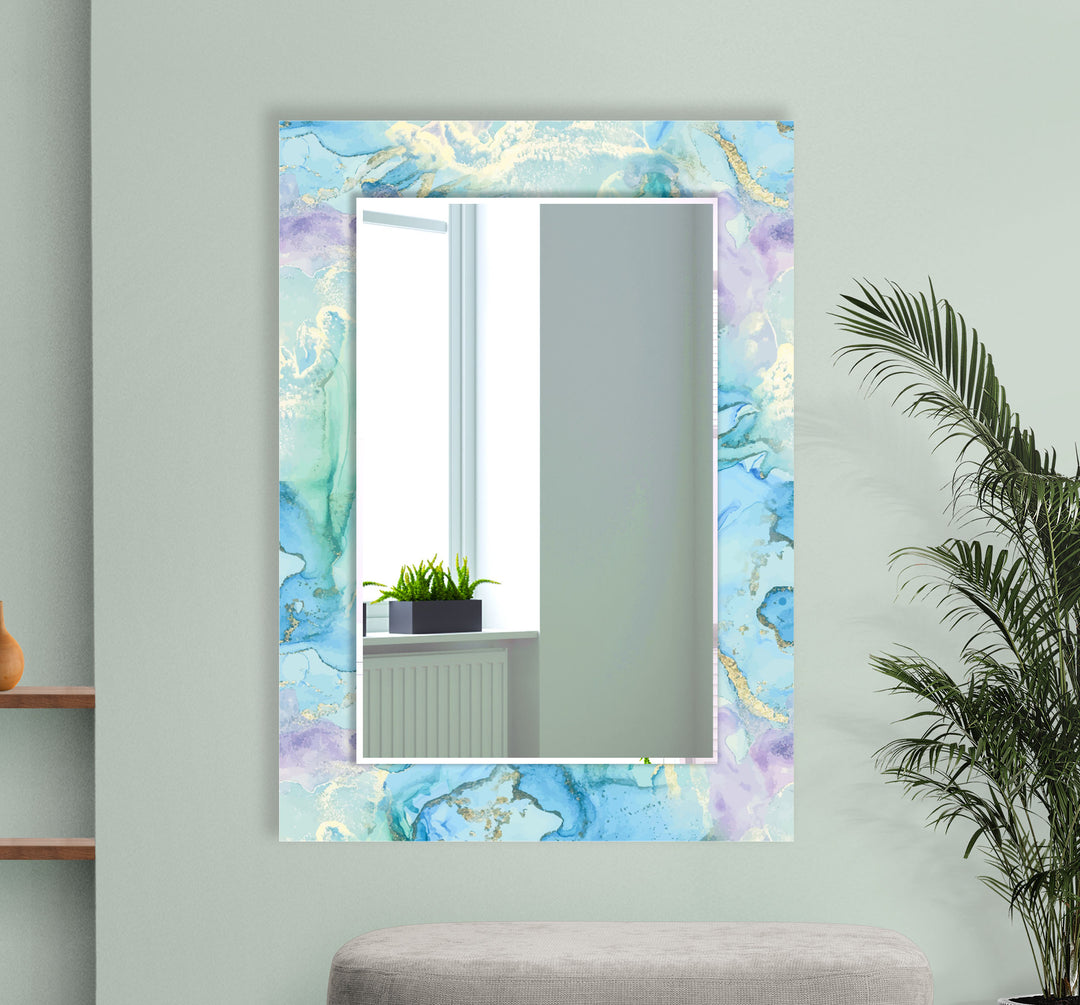Pastel Blue & Lavender Glass Wall Mirror – Abstract Watercolor Accent
