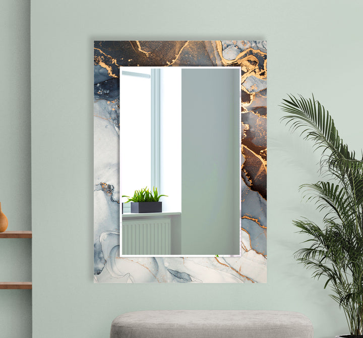 Blue & Gold Marble Glass Wall Mirror – Luxury Modern Statement Decor